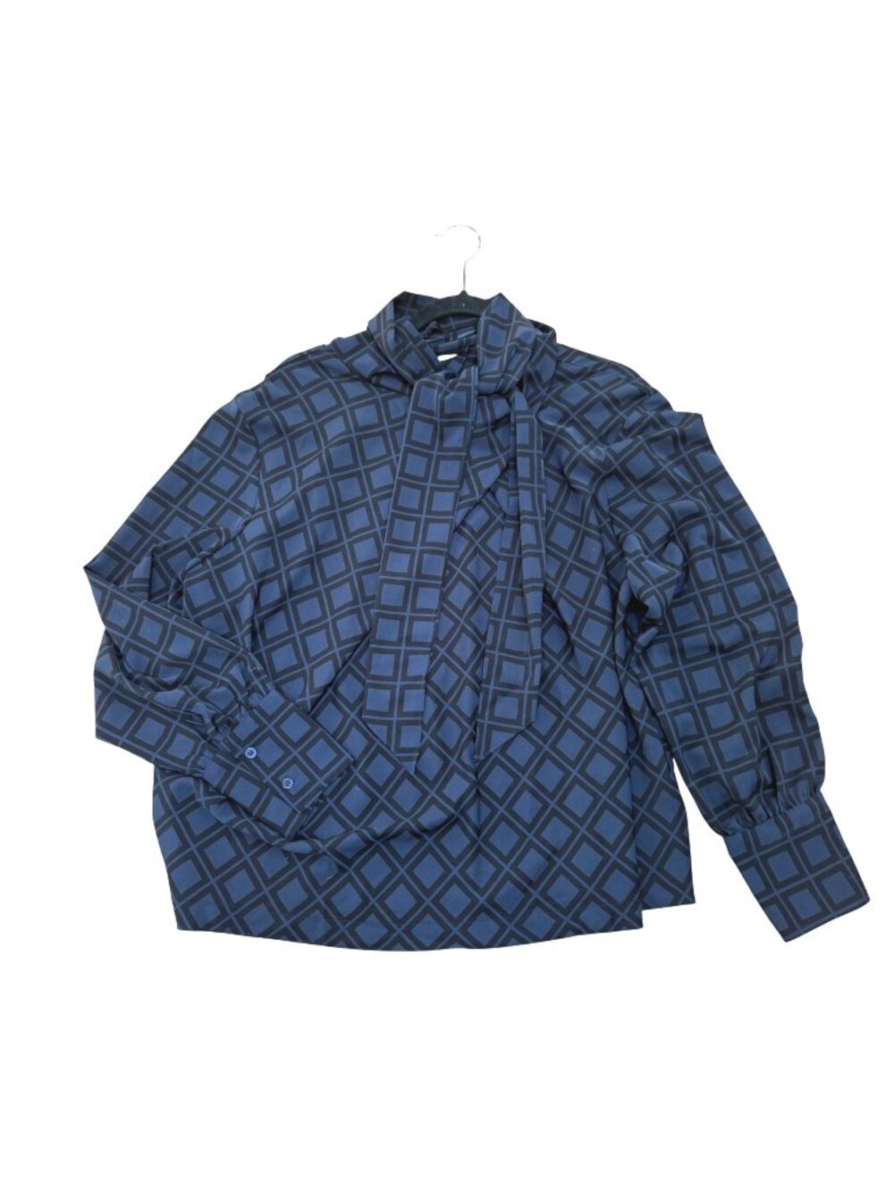 Carla Rockmore Women's Long Sleeve Top XL Blue Geometric Tie Neck Office Casual